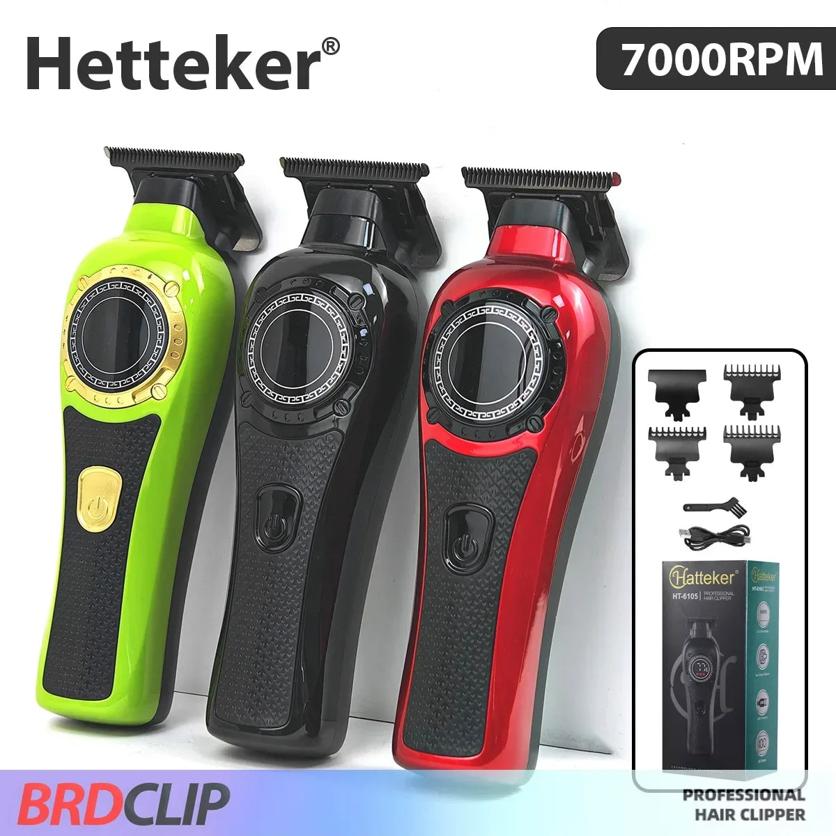 Three Hetteker professional hair clippers in lime green, black, and red are displayed.