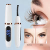 Weißes elektrisches Heizeyelash-Formgerät neben Vorher-Nachher-Ergebnissen auf einem Auge.