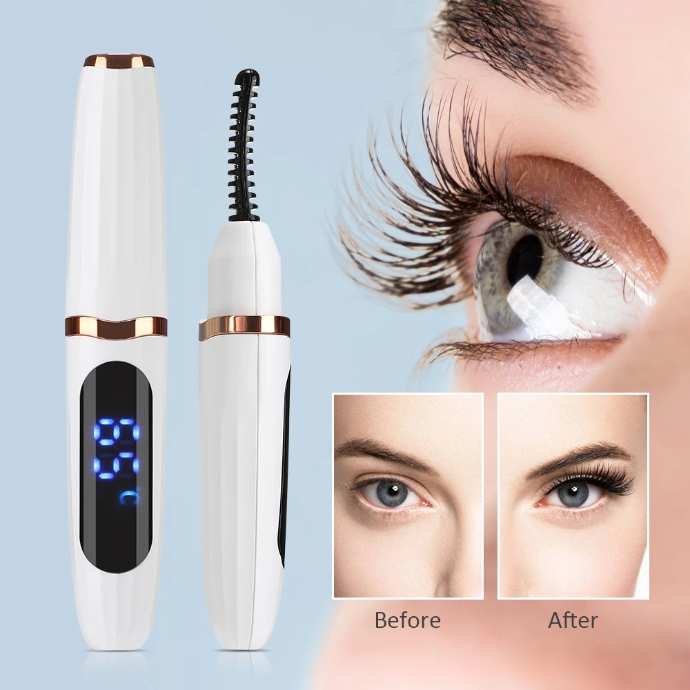 Weißes elektrisches Heizeyelash-Formgerät neben Vorher-Nachher-Ergebnissen auf einem Auge.