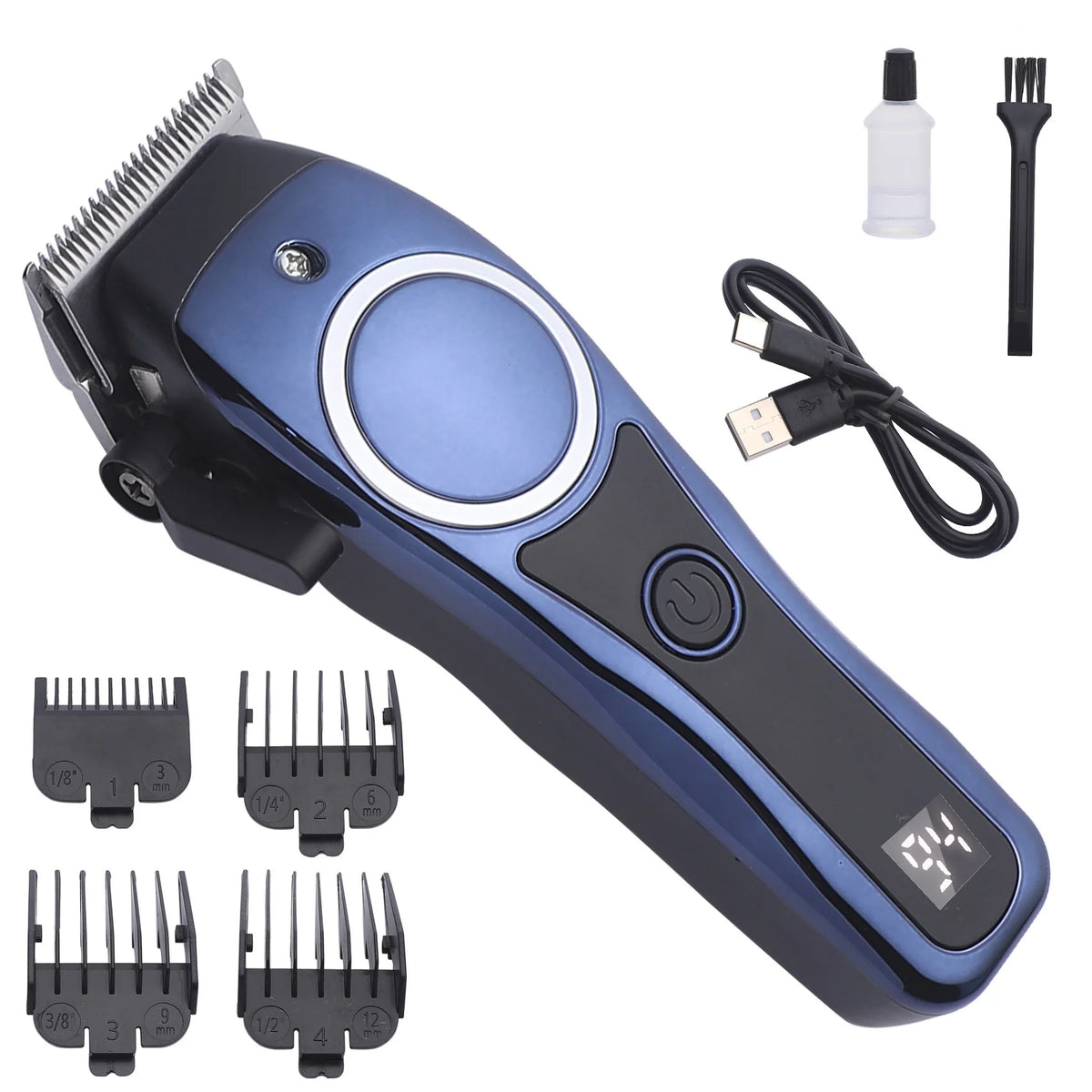 A blue and black professional LCD hair clipper set with various guard attachments and a charging cable.