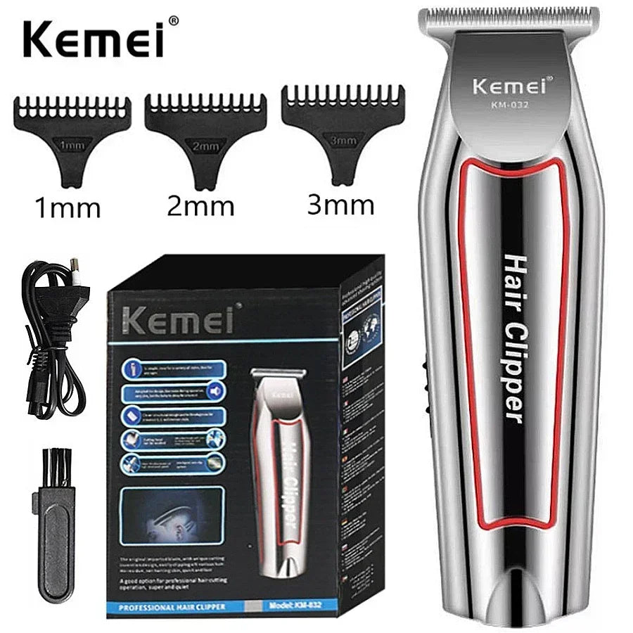 A silver Kemei hair clipper with various guard attachments shown next to its packaging.
