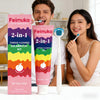 A man and a woman are holding a Feimuko 2-in-1 tongue cleaning gel and brush kit for fresh breath.