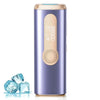 A purple IPL hair removal device with a gold accent and ice cooling feature next to blue ice cubes.