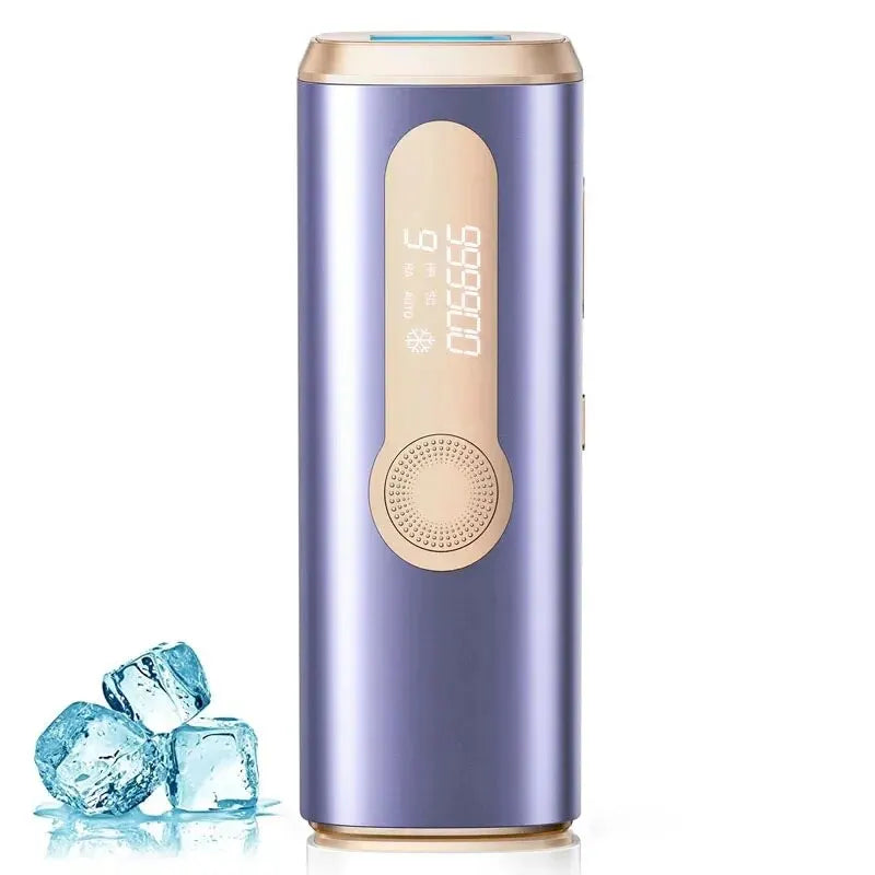 A purple IPL hair removal device with a gold accent and ice cooling feature next to blue ice cubes.