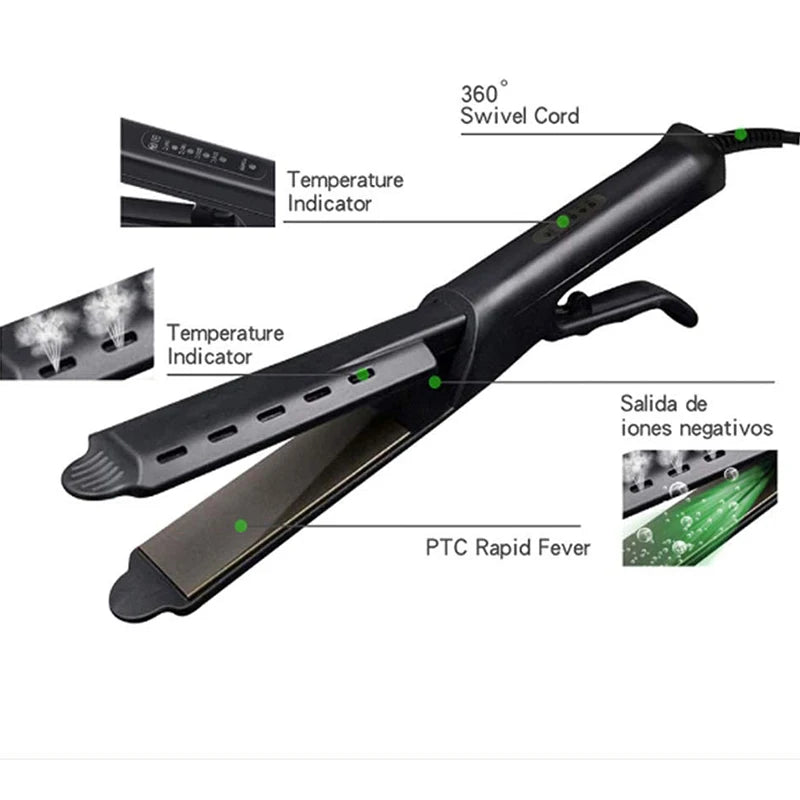 Plancha de pelo de cerámica negra con cable giratorio e indicador de temperatura