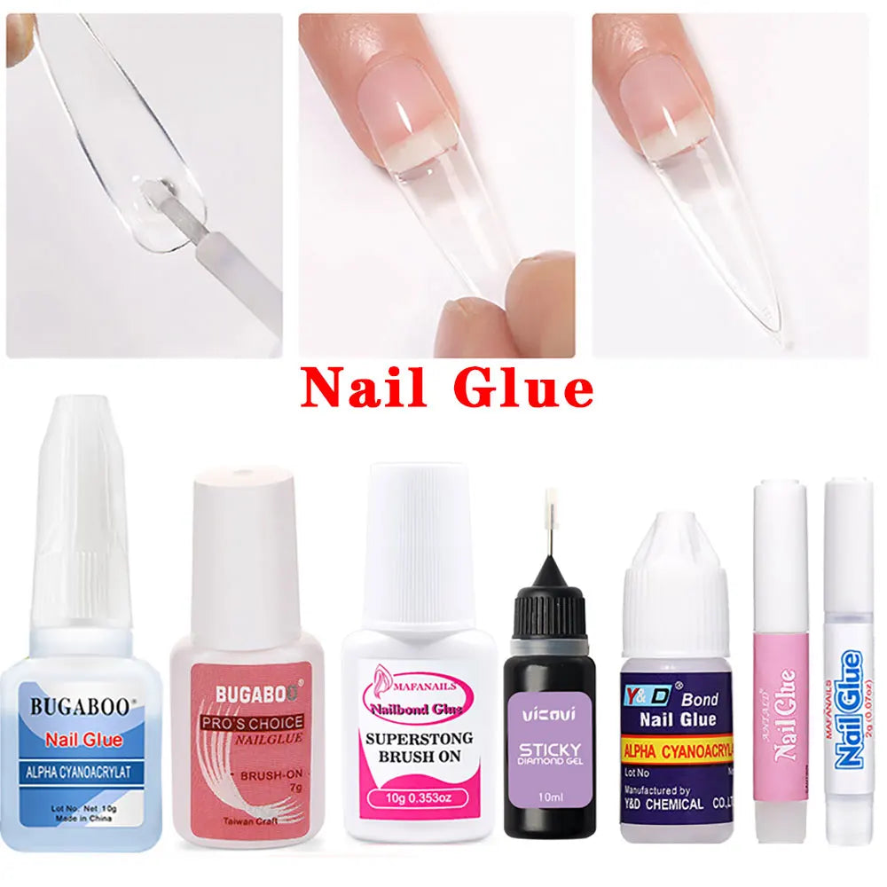 Colección de productos de pegamento para uñas, incluyendo pegamento líquido y marcas como Bugaboo y Mafanails.