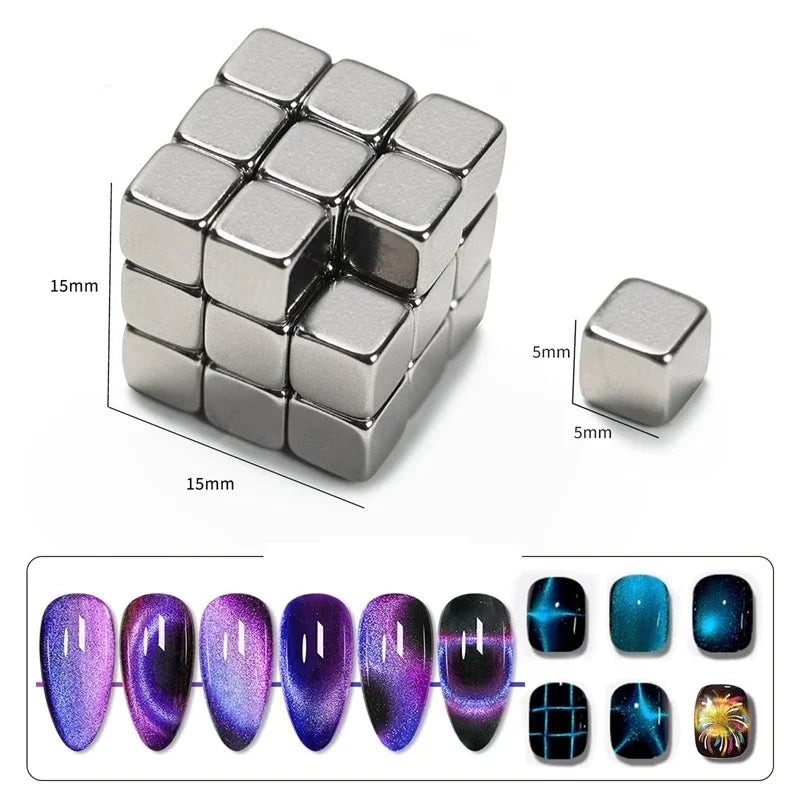 A set of silver nail magnet wands and various colored nail art tips for 3D nail design.