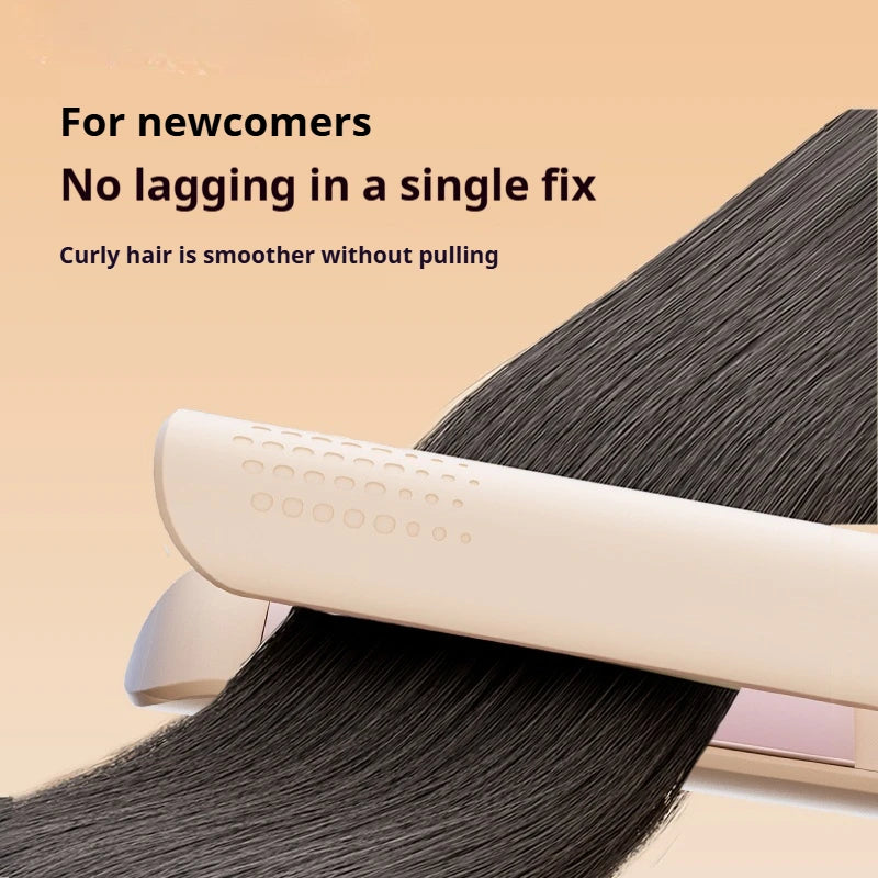 A close-up of a ceramic hair straightener and curler tool with black hair being styled.