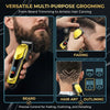 A yellow rechargeable hair clipper grooming kit demonstrating beard trimming, fading, and artistic hair outlining techniques.