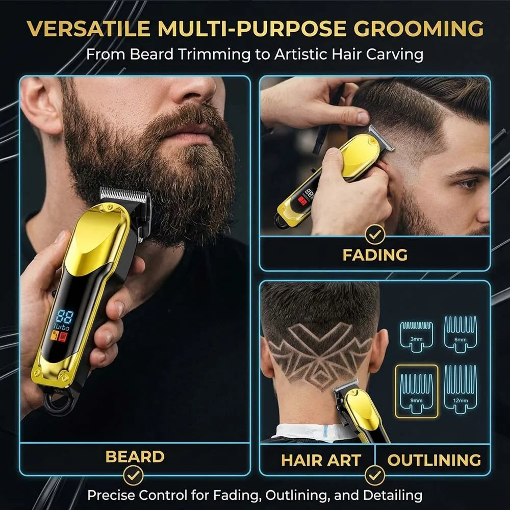 A yellow rechargeable hair clipper grooming kit demonstrating beard trimming, fading, and artistic hair outlining techniques.