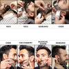 Various close-up shots show the use of a beard styling stencil comb for neck, sideburns, and cheek grooming.