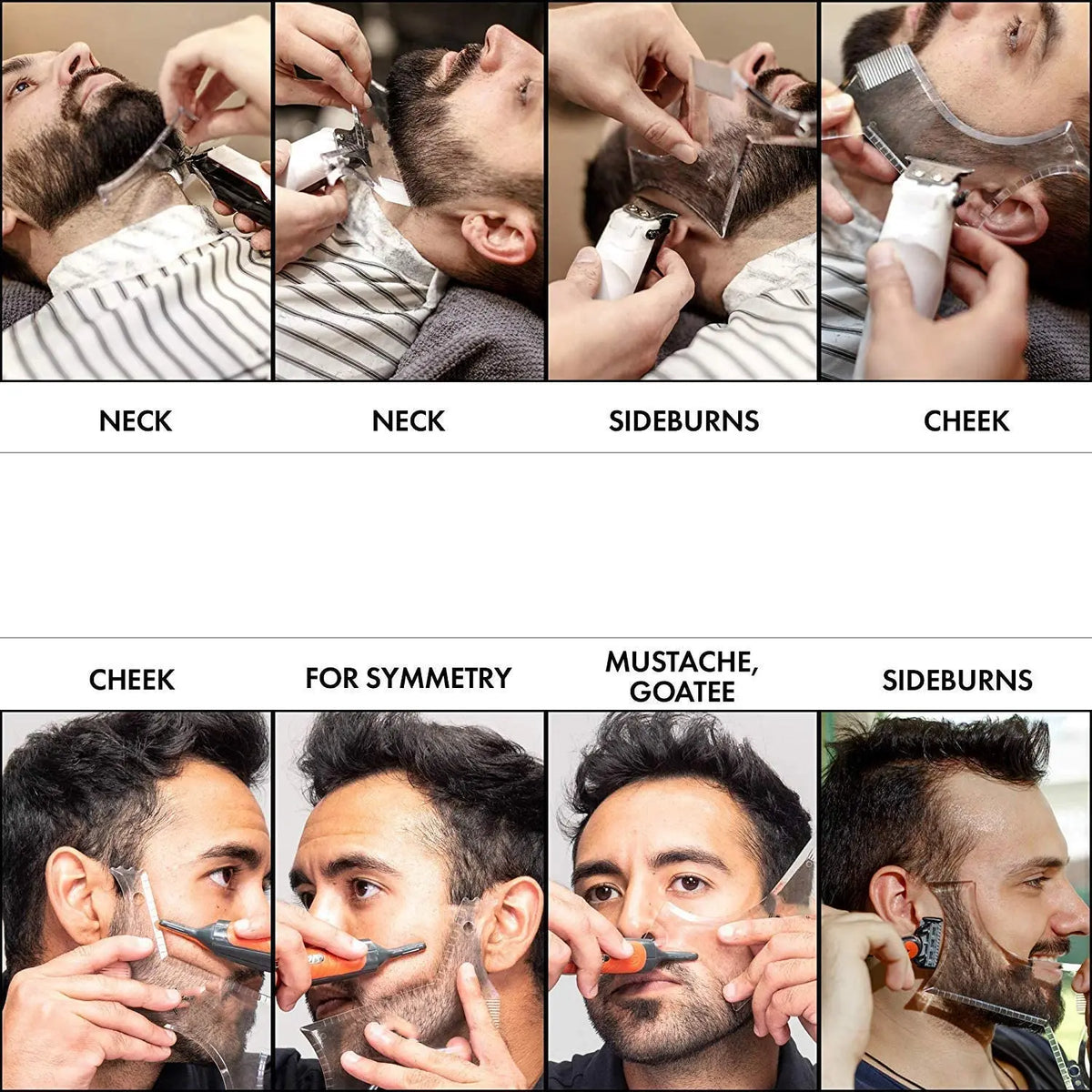Various close-up shots show the use of a beard styling stencil comb for neck, sideburns, and cheek grooming.