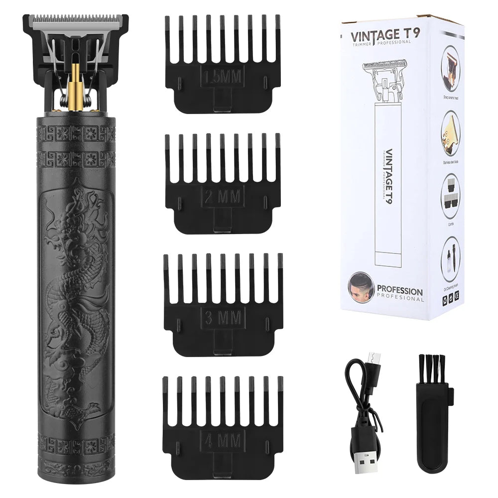 A set of professional cordless electric hair trimmers with various guard attachments shown in a box and individually.