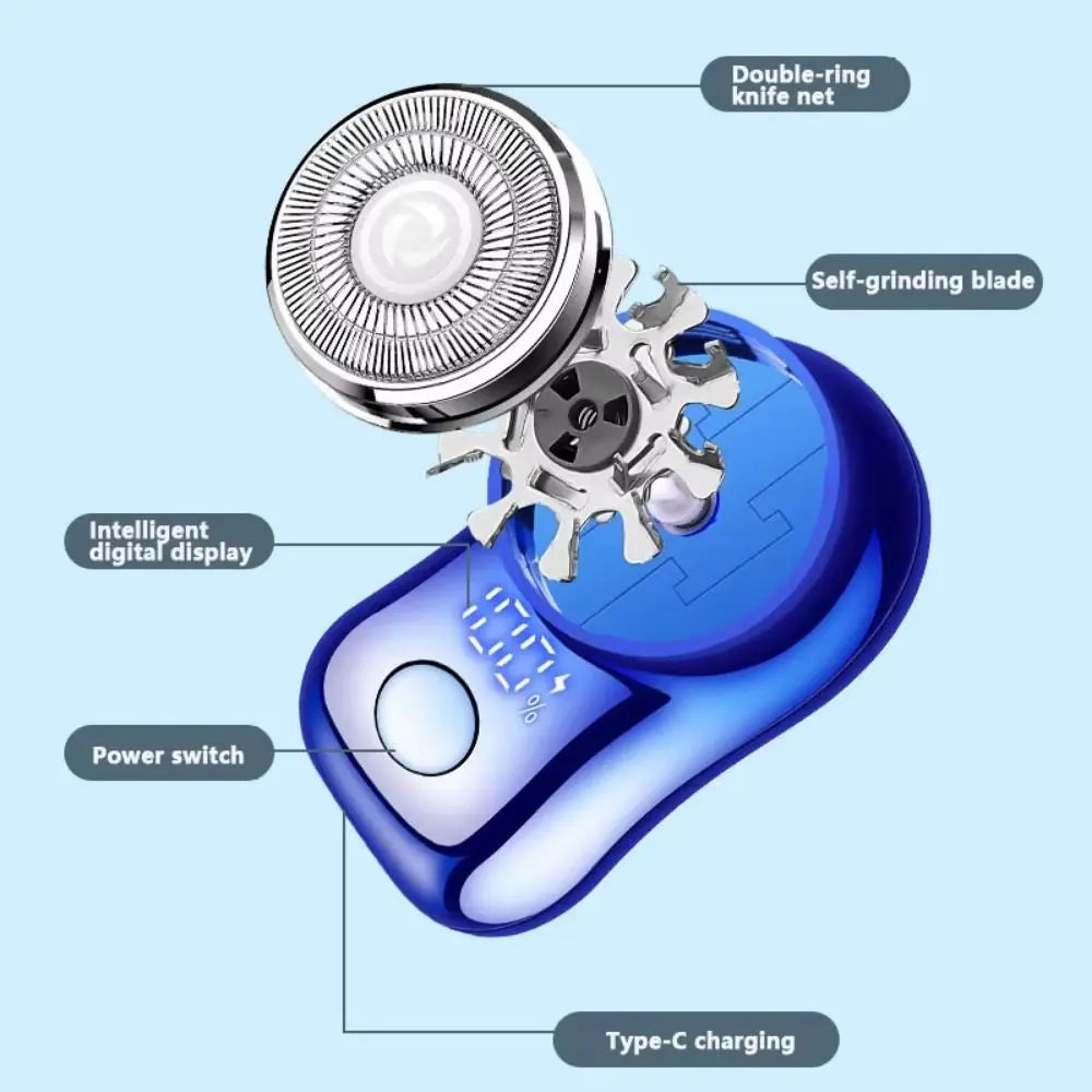 A blue cordless electric beard trimmer shaver with a double-ring knife net and self-grinding blade features a digital display