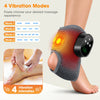 A portable heated vibration ankle massager is shown on a foot, demonstrating four vibration modes and four intensity levels.