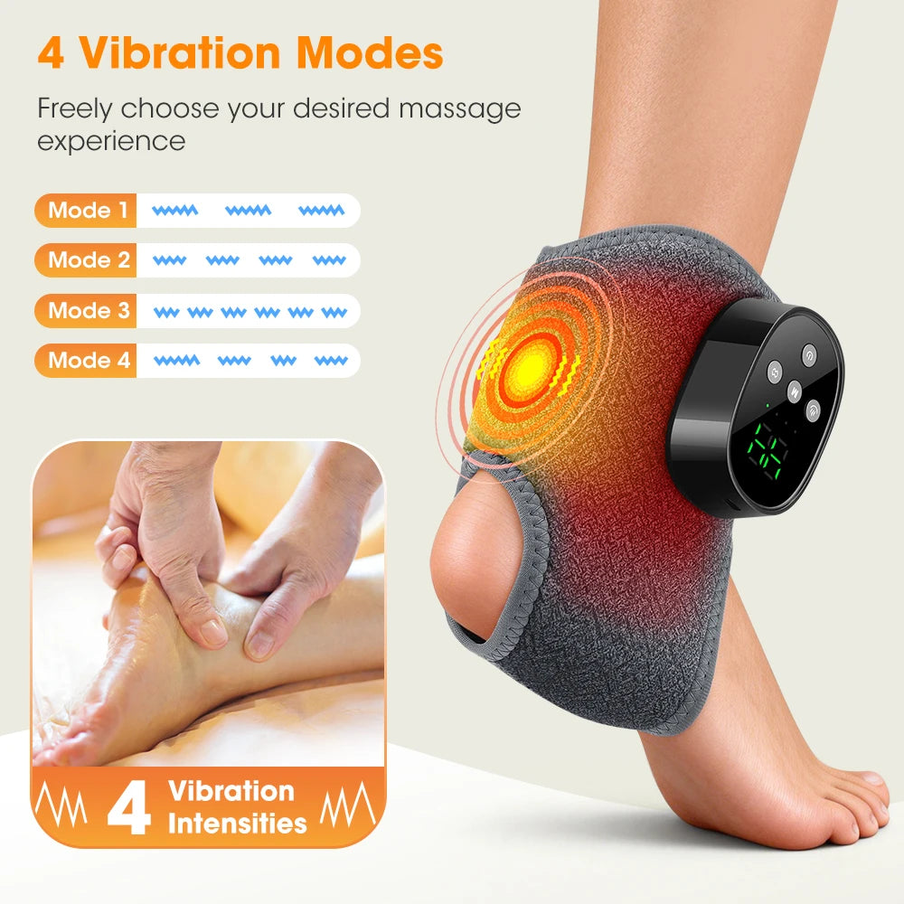 A portable heated vibration ankle massager is shown being used on a foot, demonstrating four vibration modes and four intensi