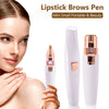 Primer plano de un lápiz corrector de cejas de maquillaje blanco con punta dorada, junto a la cara de una modelo.