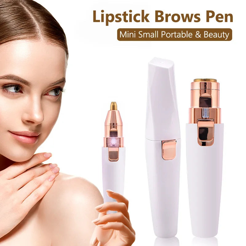 Primer plano de un lápiz corrector de cejas de maquillaje blanco con punta dorada, junto a la cara de una modelo.