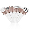 A set of six portable electric hair removers in rose gold and white are displayed on a white background.