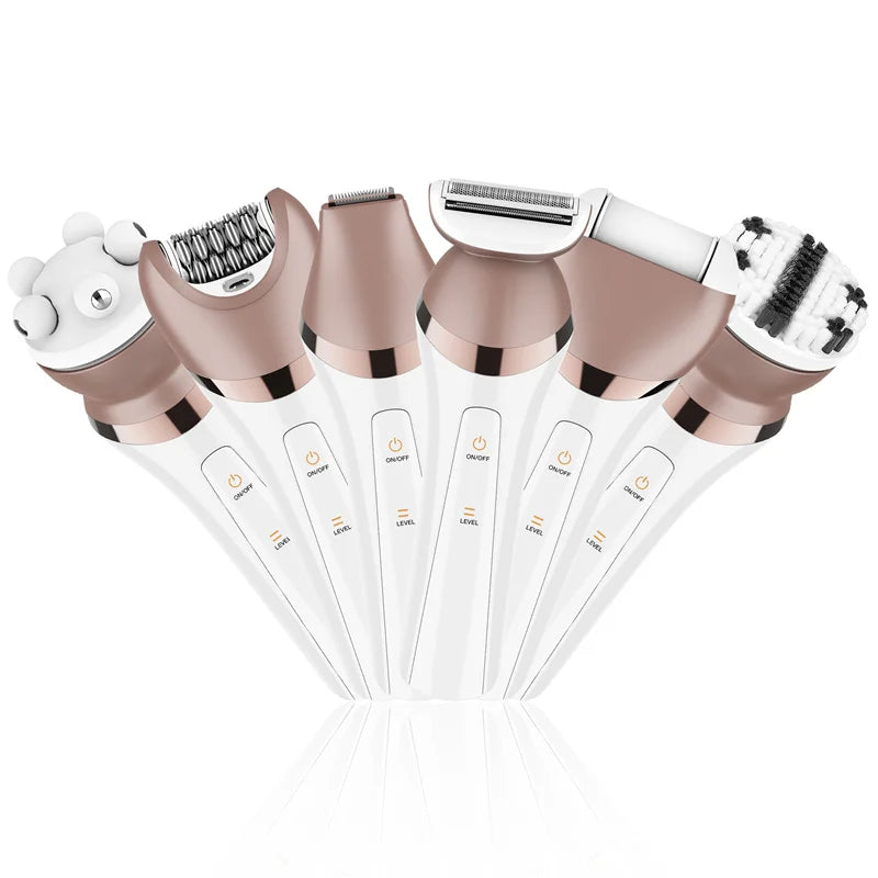 A set of six portable electric hair removers in rose gold and white are displayed on a white background.