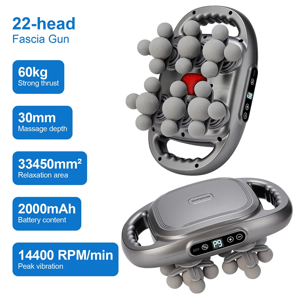 A gray 22-head fascia gun massage device with a red tip and battery details shown.