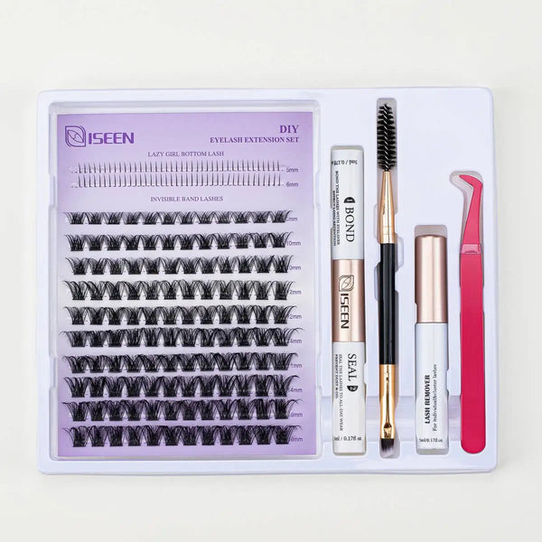 A DIY eyelash extension set kit featuring various lash styles and tools for applying extensions.