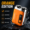 Orange edition portable electric beard shaver with silver accents shown on a dark, wet surface.