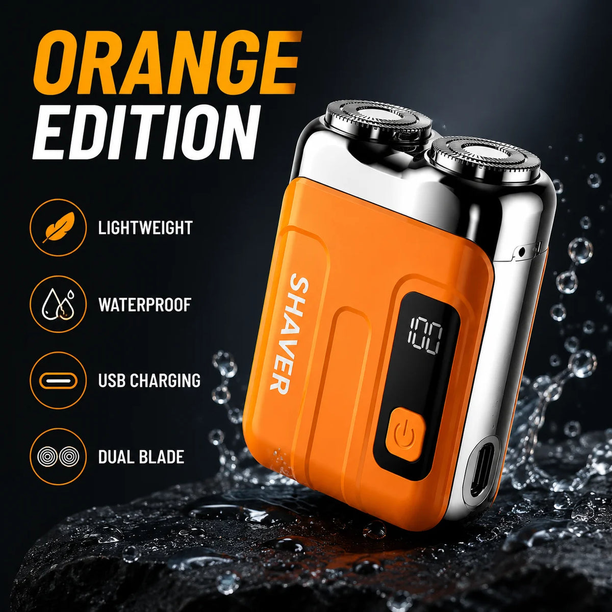 Orange edition portable electric beard shaver with silver accents shown on a dark, wet surface.
