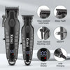 A black professional electric hair and beard trimmer set with various attachments and a digital display.