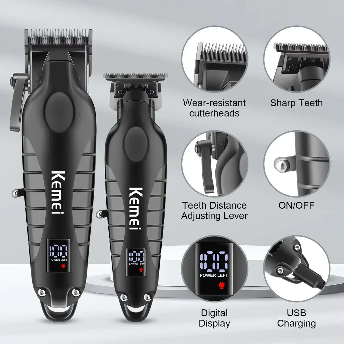 A black professional electric hair and beard trimmer set with various attachments and a digital display.