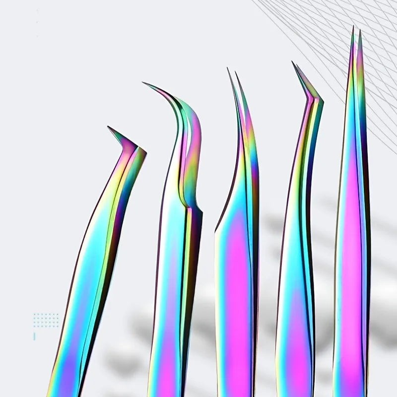 A close-up view of precision stainless steel eyelash tweezers with a metallic iridescent finish.