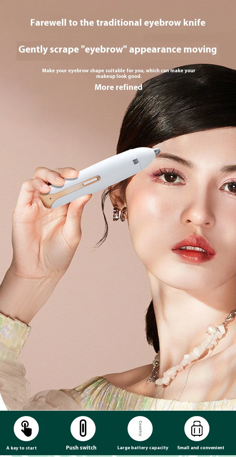 A woman gently scrapes her eyebrow appearance using a white electric shaver and trimmer device.
