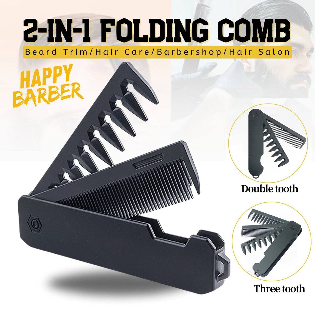 Peigne pliable noir 2-en-1 pour tailler la barbe, les soins capillaires et les services de barbier.