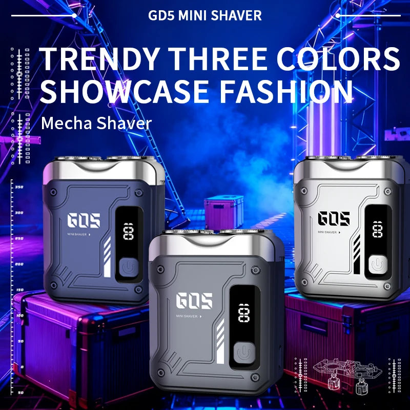 Tres dispositivos de afeitadora GDS Mini de varios colores mostrados contra un fondo azul futurista.