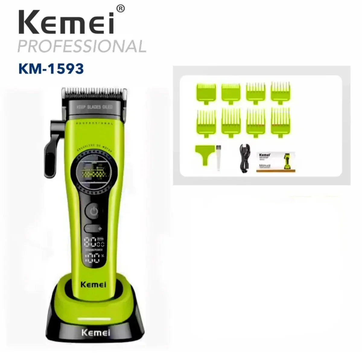 A lime green Kemei KM-1593 professional rechargeable hair clipper and trimmer set with multiple attachments.