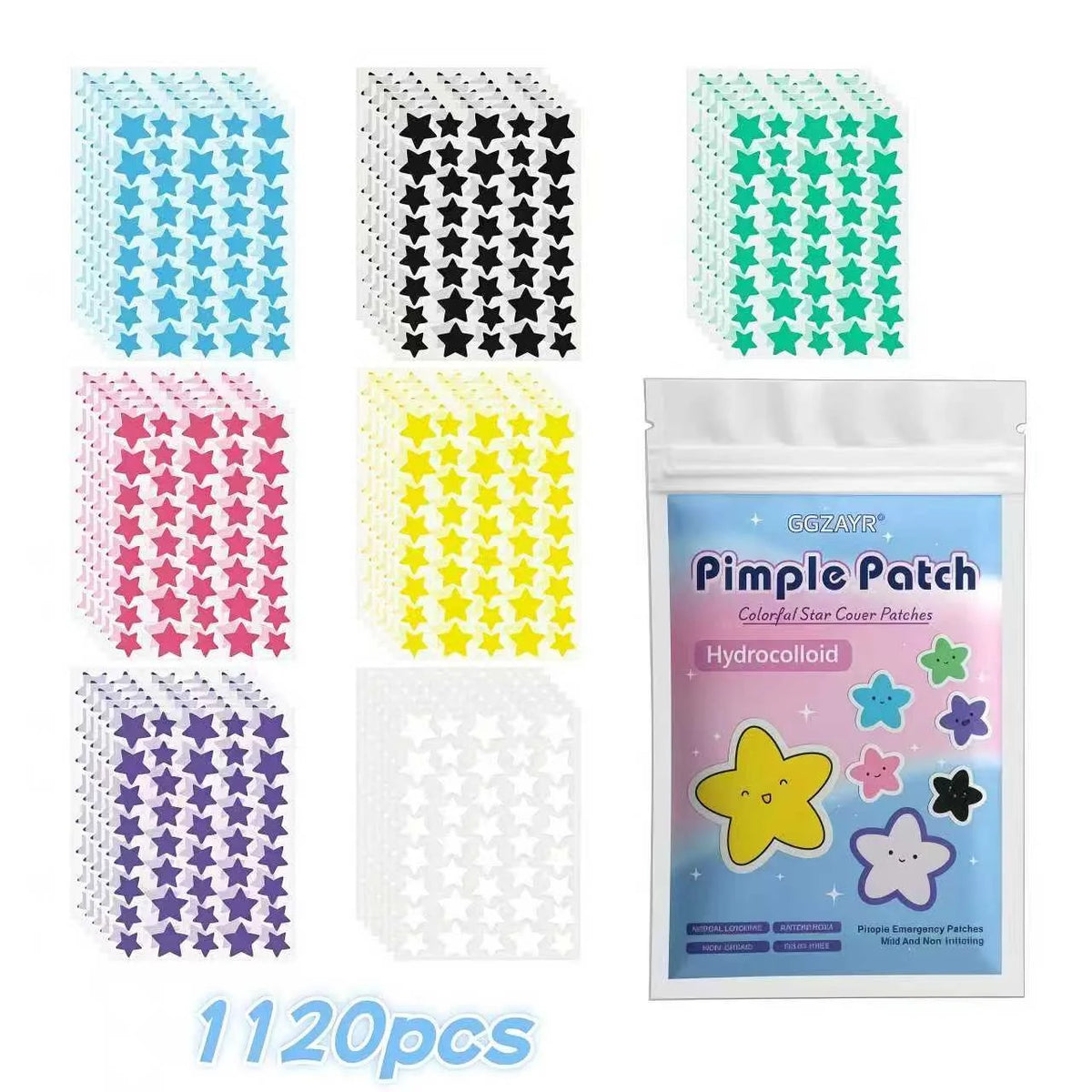 A collection of 1120 colorful star hydrocolloid acne patches in various shades of blue, green, pink, and yellow.