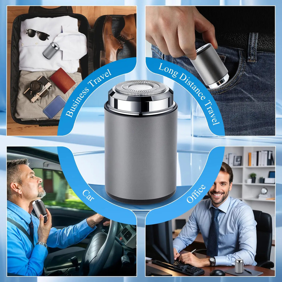 A compact electric beard trimmer is shown in various contexts including a travel case, a hand holding it, a car interior, and