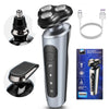 A silver electric shaver and trimmer with a detachable charging cable and various shaving attachments.