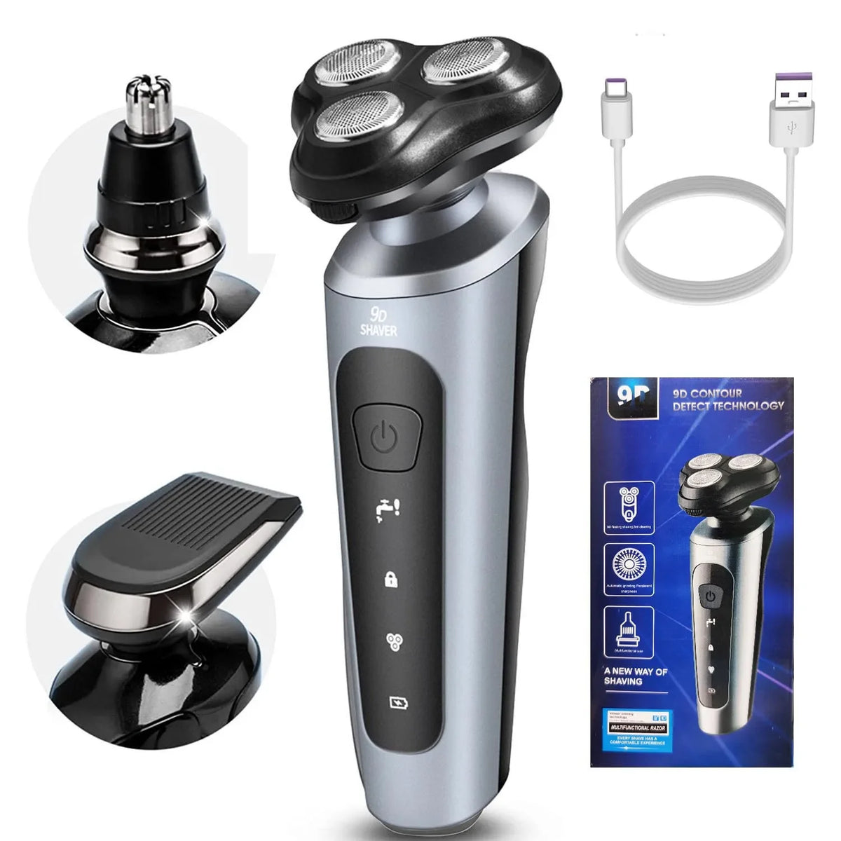 A silver electric shaver and trimmer with a detachable charging cable and various shaving attachments.