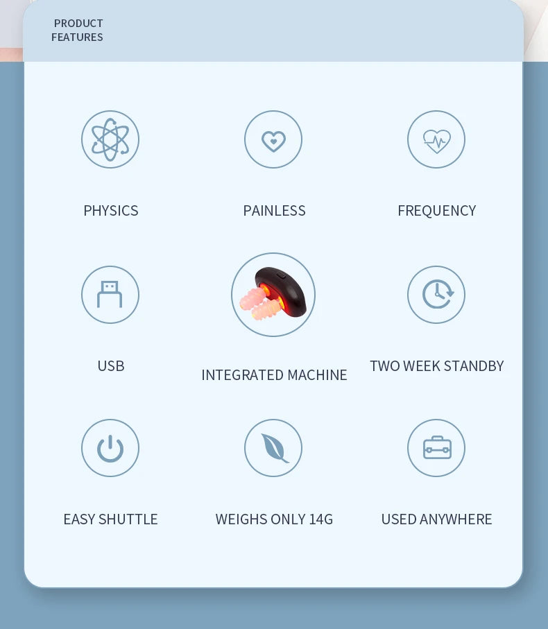 Features of a nasal congestion relief light therapy clip including physics, painless use, frequency, USB charging, integrated