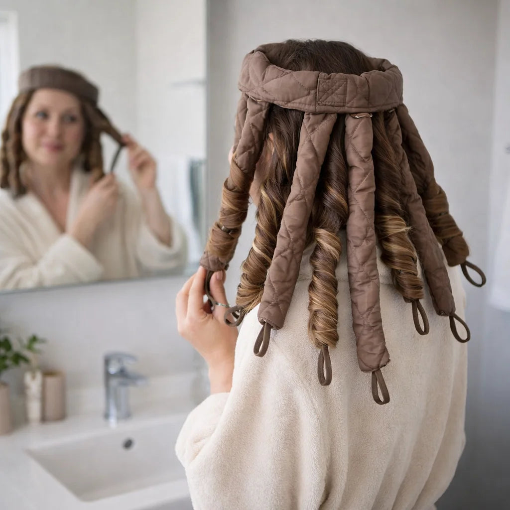 A woman is shown styling her hair with removable heatless curlers in a bathroom setting.