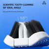 A black and white toothbrush with a 58 degree angle is shown for scientific tooth cleaning.