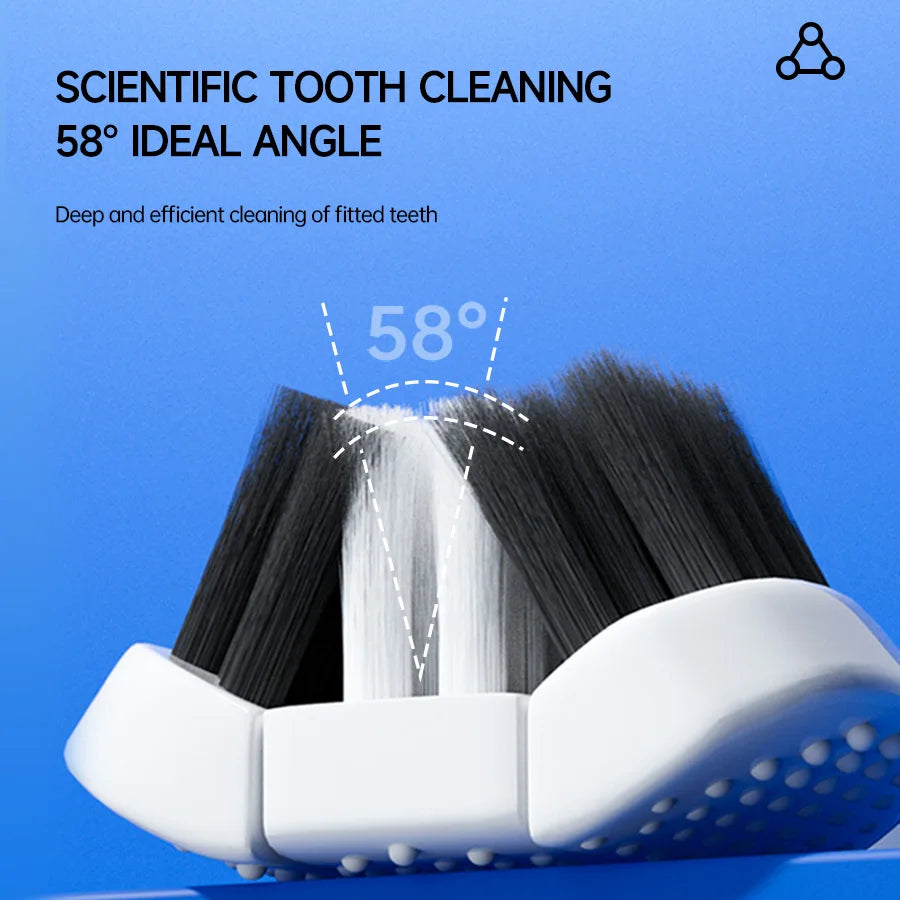 A black and white toothbrush with a 58 degree angle is shown for scientific tooth cleaning.