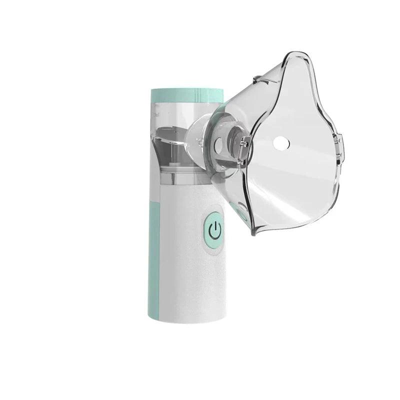 A white and mint green portable mesh inhale nebulizer device.