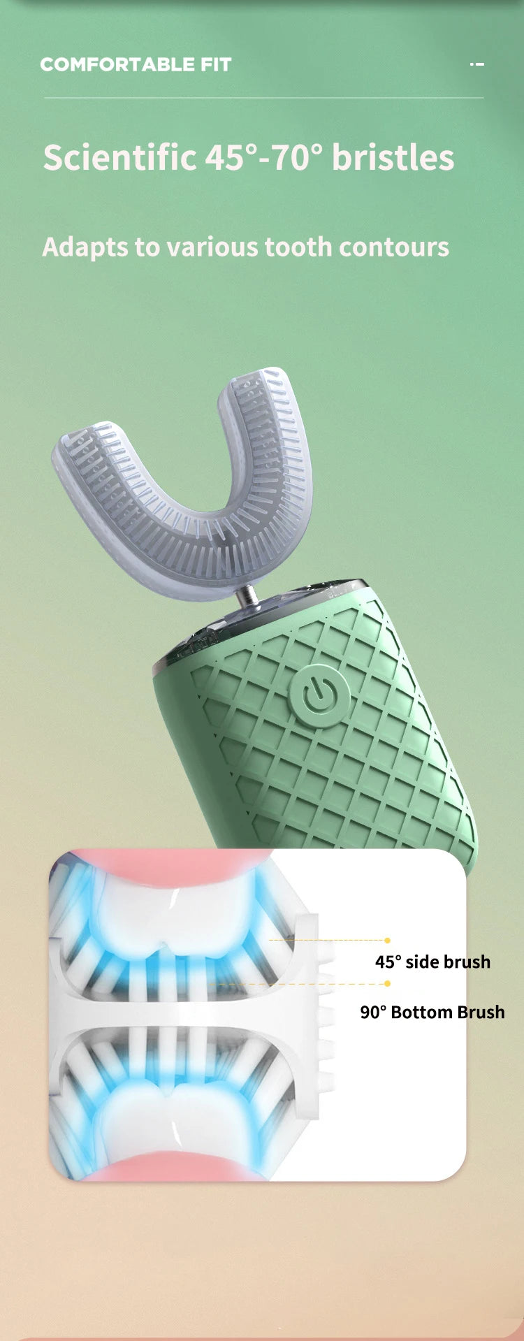 A close-up view of a green electric toothbrush with a white brush head, showing different tooth contours and brush types.