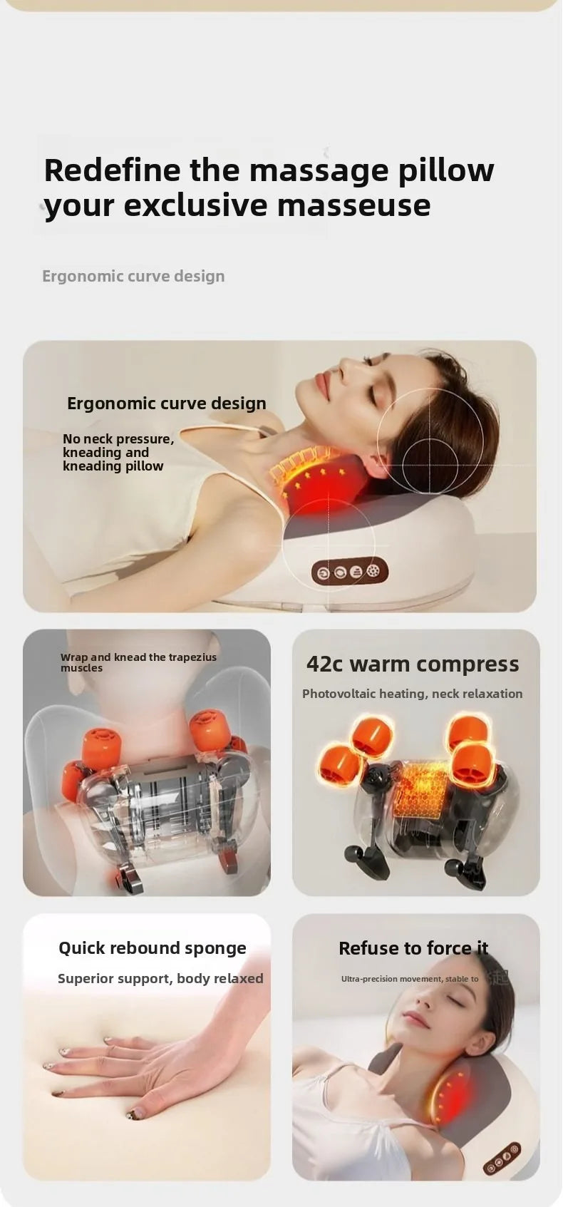 A portable shiatsu neck massager pillow demonstrating ergonomic design, warm compress features, and a rebound sponge for musc