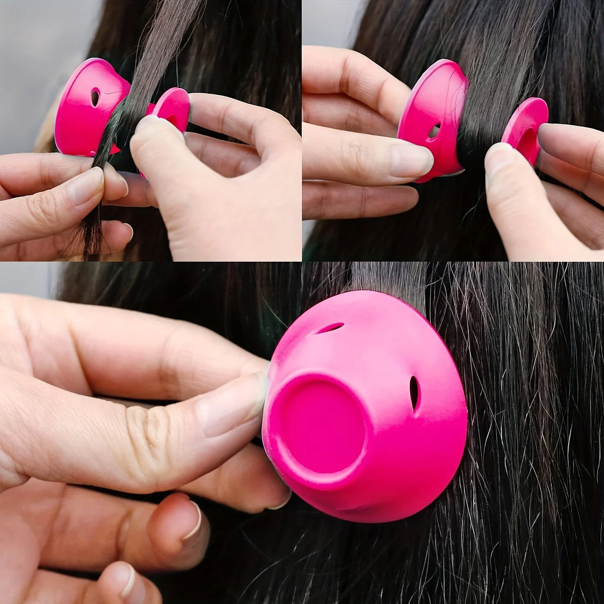 A set of bright pink heatless silicone curling hair tools being used to curl dark hair.