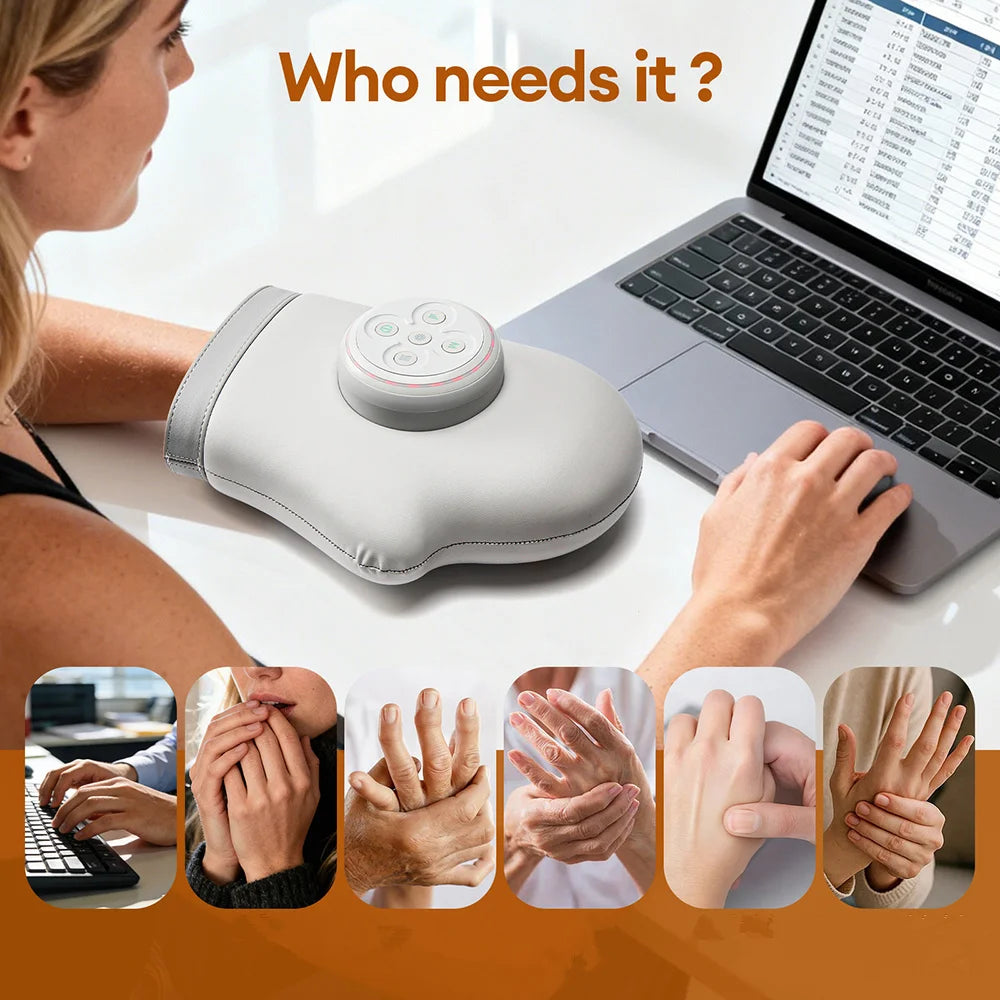 A person is using an electric hand massager on their hand, with various close-ups showing its use and features.