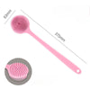 Pink silicone back scrubber brush with a long handle shown next to a circular view of the brush head.