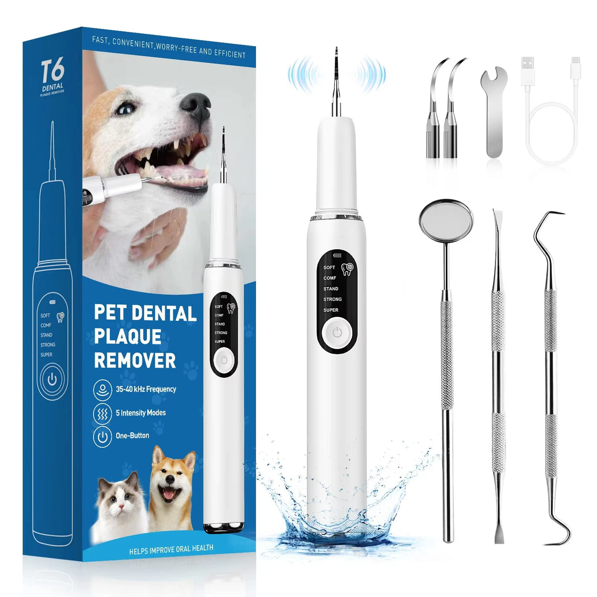A white ultrasonic pet dental plaque remover tool with various cleaning attachments shown next to a dog and cat.